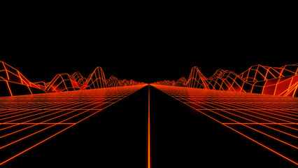 Aufkleber - Retro-style virtual road. Design. Cyber animation with neon road and mesh hills. Futuristic animation with neon road for game racing