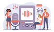© 100% HAND-CRAFTED - Podcasters with headphones. Men and women create content for Internet and social networks. Creative individuals and partners, show recording and communication. Cartoon flat vector illustration