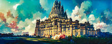 Palace Anime. Beautiful City Of Royal Palace Architecture With Beautiful Sky Colorful.