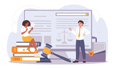 platform professional lawyer. man and woman evaluate laws, advise businessmen and citizens. legal su