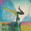 Natural Yogi photo collage art. Bodhi leaf and textures overlaid a woman in a headstand variation. 