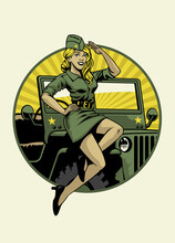 Vintage Design Of Army Women Pose With Military Car