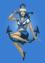 Sailor Pin Up Girl Saluting With Anchor Background
