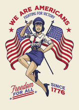 Vintage T-shirt Design Of Military Pin Up Girl With American Flag As Background