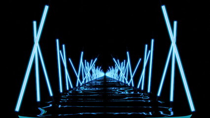 Poster - Moving 3d corridor with neon lines in dark. Design. Gloomy path in cyberspace with neon lines. Neon lines illuminate dark path in virtual space