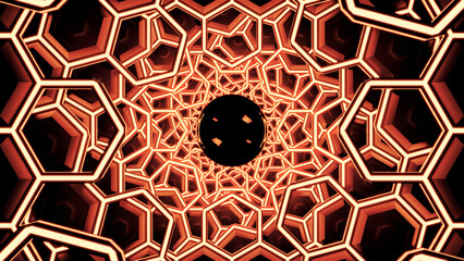 Poster - 3D tunnel with hexagons and moving black hole. Design. Tunnel of 3d honeycombs with moving black liquid at end. Filling tunnel of honeycombs with black liquid