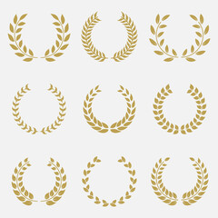 Wall Mural - Olive Leaves Branch Award Silhouette Icon. Laurel Wreath, Success Round Ornament Pictogram, Victory Emblem Set. Champion Reward Chaplet Symbol. Accomplishment Triumph. Isolated Vector Illustration