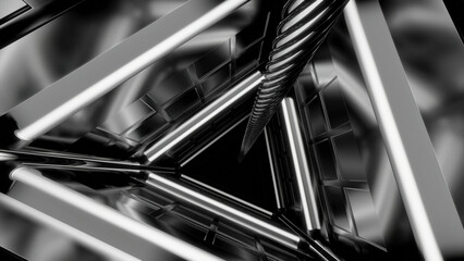 Poster - Triangular 3d tunnel with metal walls. Design. Rotating 3d tunnel with rope in middle. Lifeline in dark tunnel with neon lines