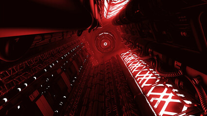 Poster - Technological tunnel in futuristic ship. Motion. 3D space with pipes and neon light in technological tunnel. Futuristic Spaceship Tunnel