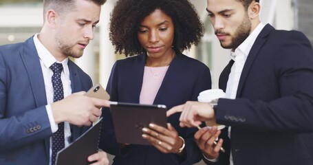 Poster - Meeting, tablet and business with a man and woman in discussion of work while planning a strategy together. Collaboration, diversity and idea with a male and female employee team working online