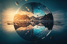 Reflection On Solar Systems In The Sea, Cool Futuristic Planet, Sky Mirror Invert