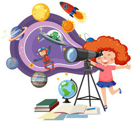 Wall Mural - girl observing planets with telescope