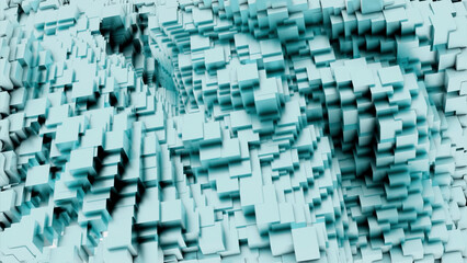 Poster - Moving stream of squares in matrix. Design. 3D cubes move quickly in flow of virtual space. Error with distortion in 3d matrix space