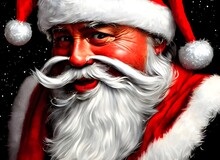 The Portrait Of Santa Claus Is In A Bright Red Frame. He Has A Long White Beard And Is Wearing A Red Suit With Black Boots. His Eyes Are Twinkling And His Cheeks Are Rosy. There Is A Pile Of