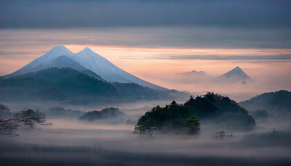 Wall Mural - Foggy mountain in japan with dreamy sky