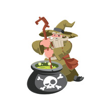 Old Wizard Stirring Pot Cartoon Illustration. Wise Magician, Warlock, Mage Or Sorcerer With White Beard In Hat And Robe Brewing Potion. Magic Concept