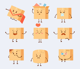 Poster - Cute delivery box characters vector illustration set. Funny nine shipping boxes with facial expressions isolated on gray background. Using like stickers. Deliver concept.