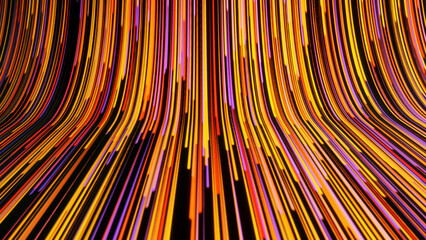 Poster - Beautiful cyber slide of lines. Motion. Curved flow of colorful stripes. Bright stripes move in stream with bend on black background