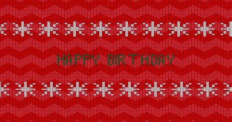 Poster - Christmas and New Year holidays season red ugly sweater with white snowflakes and Happy Birthday text. Animation of Winter knitted sweater pattern.