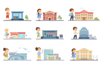 children near public buildings vector illustration set. nine children near post office, museum, scho