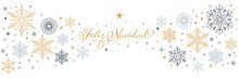 Pancarta De Feliz Navidad Con Estrellas Y Cristales De Nieve En Tres Colores, Dorado, Gris Claro Y Gris Azulado
