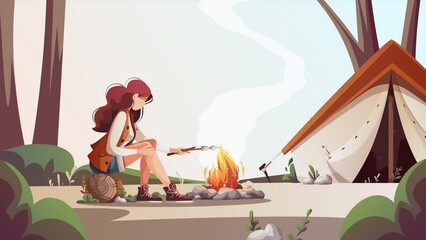 Wall Mural - woman sitting by campfire and roasting marshmallows. summertime camping, traveling, camper, nature, 