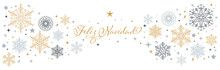 Pancarta De Feliz Navidad En Español Con Estrellas Y Cristales De Nieve En Tres Colores, Dorado, Gris Claro Y Gris Azulado