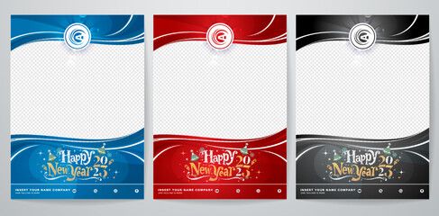 Wall Mural - vector illustration of Happy new year 2023 Flyer or poster three concepts design set of cards with ribbons for social media ads campaign, Office planner, project catalogue, Ready to prints paper