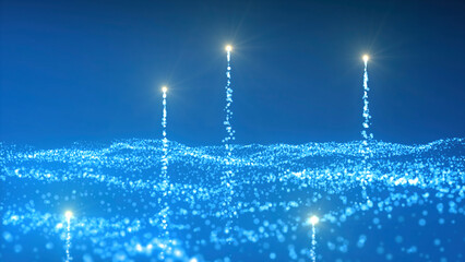 Wall Mural - abstract blue waving texture of tiny particles. motion. star field with rising up shining comet tail