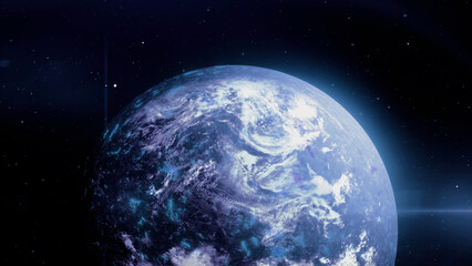 Poster - Outer space with a view of the Earth . Motion . Illuminated in blue and yellow with a view of our planet made in animation.