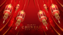 Realistic Red Chinese New Year Lanterns With Gold Curve Lines Elements And Glitter Light Effects Decoration And Bokeh. 3d Luxury Style Background. Vector Illustration.