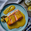 Delicious oven-roasted salmon with mustard and maple syrup glaze food illustration