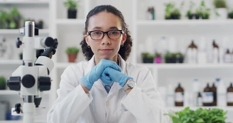 Wall Mural - plants, portrait and black woman scientist with gloves, ppe safety and uniform for research, innovat