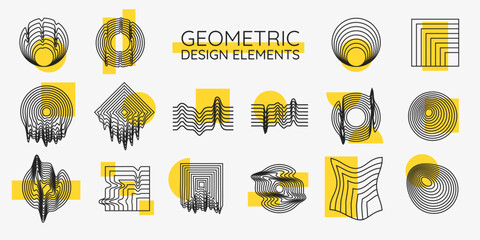 Fototapete - Vector illustration. Linear flat design elements for poster, book cover, frame, gift card. Simple minimalist shapes. Line art wavy pattern. Geometric decoration designs. Black and yellow trendy colors