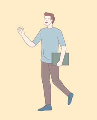 Poster - man standing holding book and greeting others with outline or line and clean simple style