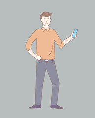 Fototapete - man standing and holding smartphone with outline or line and clean simple style