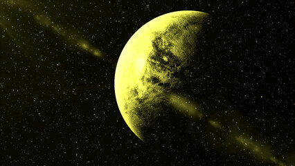 Poster - Black background. Motion.A yellow moon in cartoon animation rotating around its axis and next to which small stars shine.