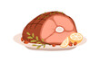 © Good Studio - Roasted meat, glazed ham with bone. Festive grilled pork garnished with lemon, berries. Holiday meal, cooked food served on plate for Christmas. Flat vector illustration isolated on white background