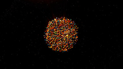 Poster - Round spherical object of many small glowing particles. Motion. Multicolored ball shrinking and disappearing on a black background.