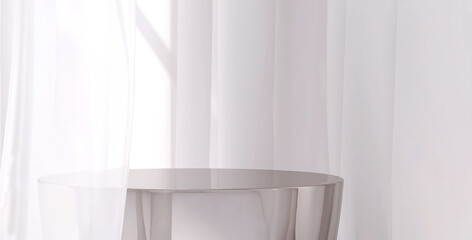 Modern and luxury silver colored round shiny pedestal podium steel in sunlight from window with blowing white sheer curtain wall background for product display