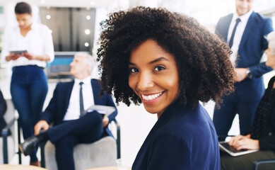 Canvas Print - Portrait, business and happy black woman in busy office, law company and executive agency. Confident young female corporate, smile and motivation, happiness and working, professional career and staff