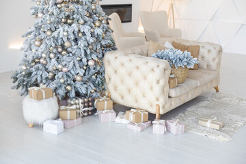 Canvas Print - Beautiful Christmas gift boxes on floor near fir tree in room.