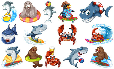 Wall Mural - set of various sea animals cartoon characters