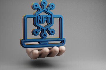 Leinwandbilder - Beautiful abstract illustrations Golden Hand Holding Blue NFT laptop symbol icon on a gray background. 3d rendering illustration. Background pattern for design.
