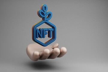 Leinwandbilder - Beautiful abstract illustrations Golden Hand Holding Blue NFT Investment symbol icon on a gray background. 3d rendering illustration. Background pattern for design.
