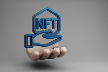 Leinwandbilder - Beautiful abstract illustrations Golden Hand Holding Blue NFT  Hand symbol icon on a gray background. 3d rendering illustration. Background pattern for design.
