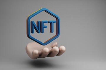 Poster - Beautiful abstract illustrations Golden Hand Holding Blue NFT Token symbol icon on a gray background. 3d rendering illustration. Background pattern for design.