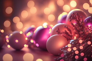 Wall Mural - Christmas pink banner bokeh background with room for text, created with generative AI	