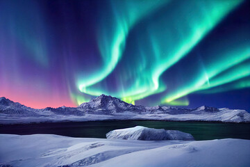 Wall Mural - northern lights over lake. aurora borealis with starry in the night sky. fantastic winter epic magic