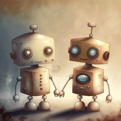 Illustration of two toy cute tiny robots, created with Generative AI technology